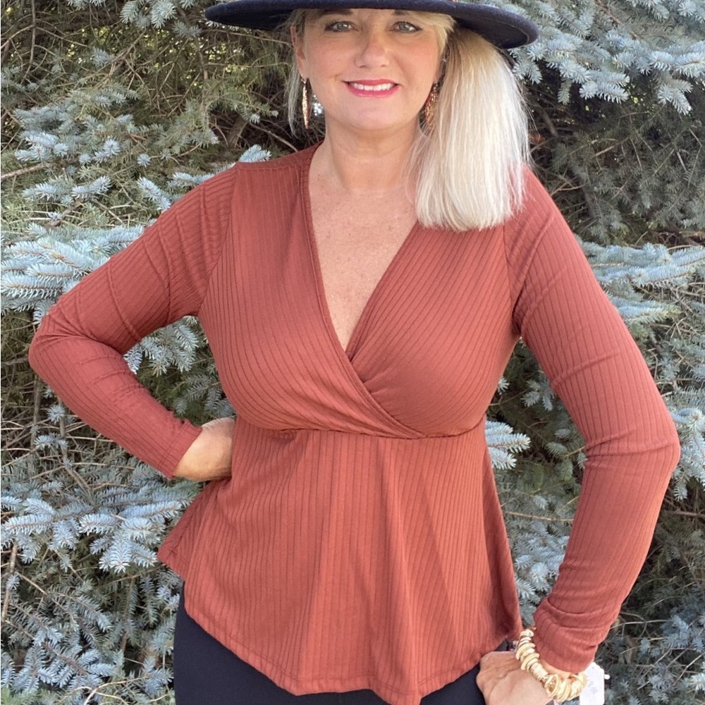 White Birch Tunic criss cross Long Sleeve Top Shirt New deep brown